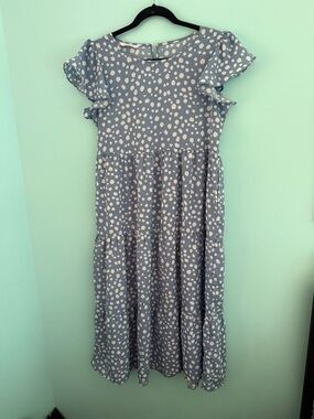 Women's Light Blue Polka Dot Tiered Flutter-Sleeve Maxi Dress
